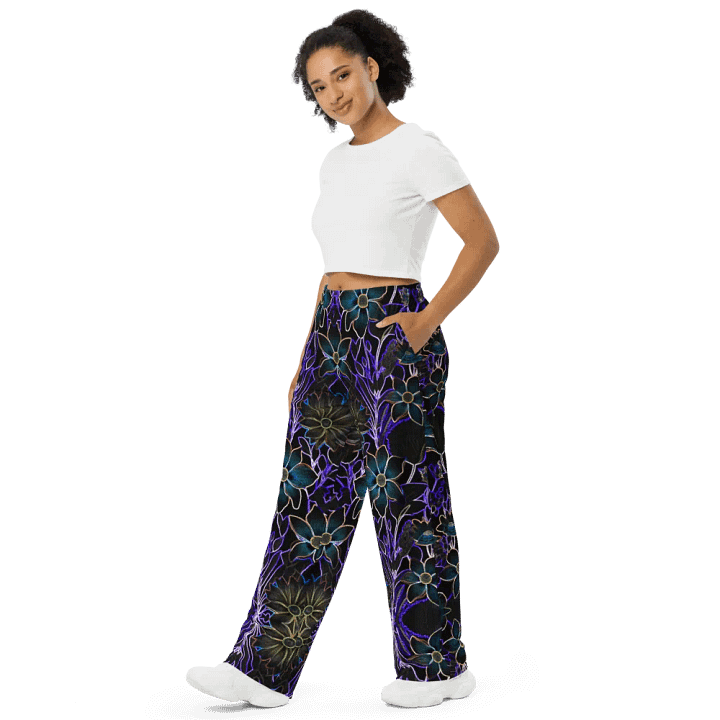 Trippy Floral Purple and Teal/All-Over Print Unisex Wide-Leg Pants by Sublicolor product image (1)