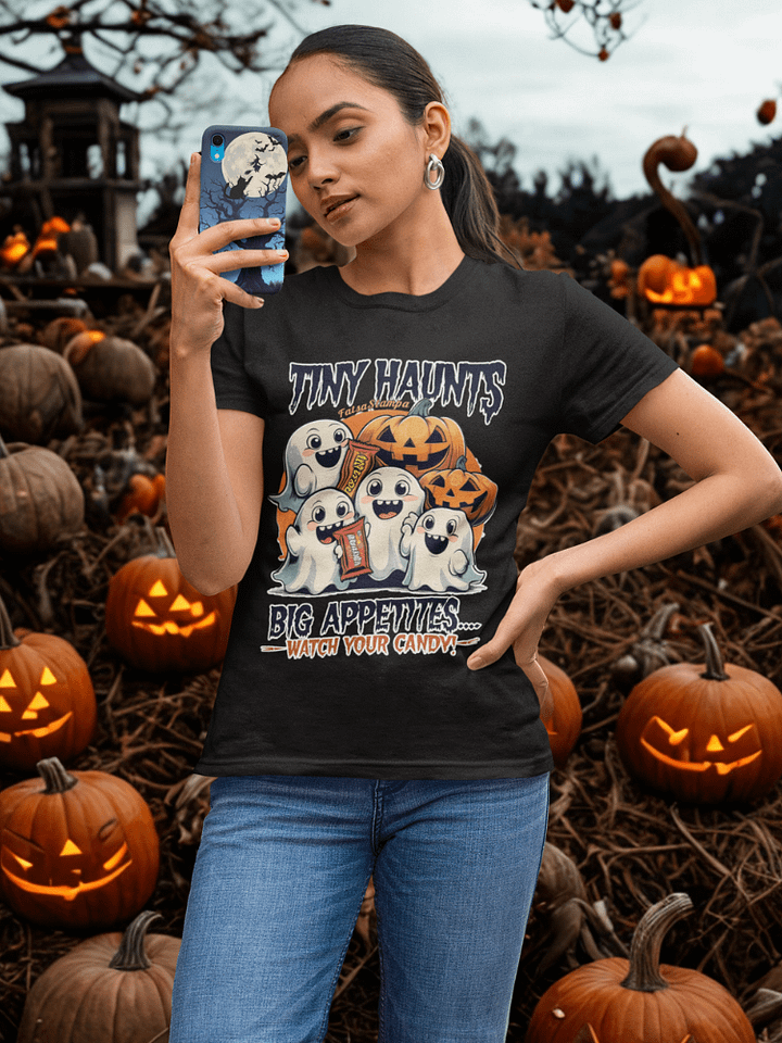Tiny Haunted Bites: Cute Ghost Squad Guarding Halloween Candy T-Shirt product image (1)