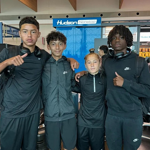#FCDallas U14s heading to USYNT (U15) ID Camp in San Diego. Left to right: Christian Guillen, Alex Soria, Justus Jones, and T...