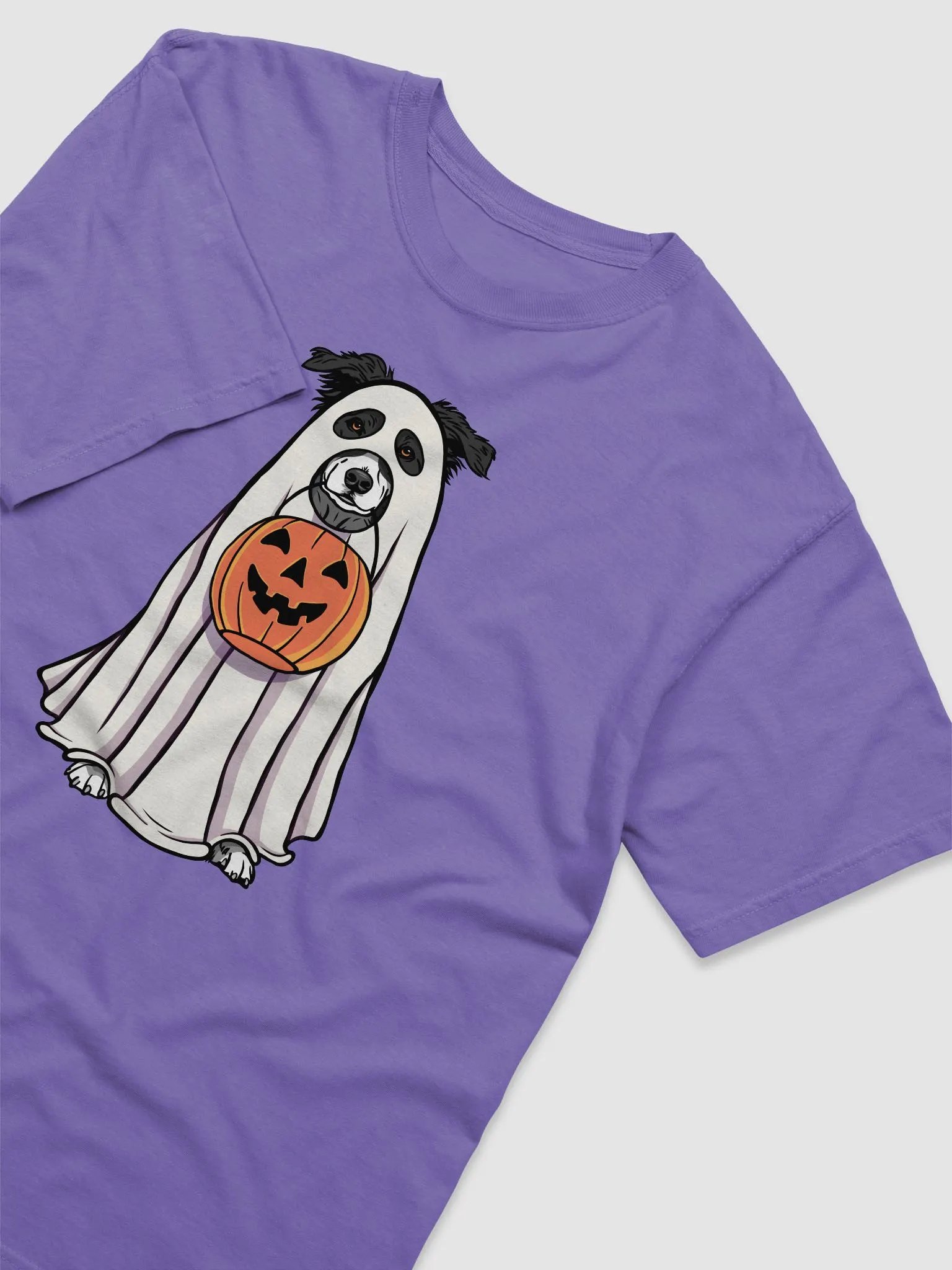 Funny Halloween Australian Shepherd(Black and White)T-Shirt | Funny Aussie Wearing a Ghost Costume and Holding a Pumpkin Basket product image (21)