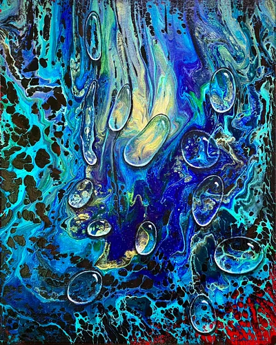 Here’s a collaborative piece I did with my wife. She did an acrylic pour, and I painted droplets on it!