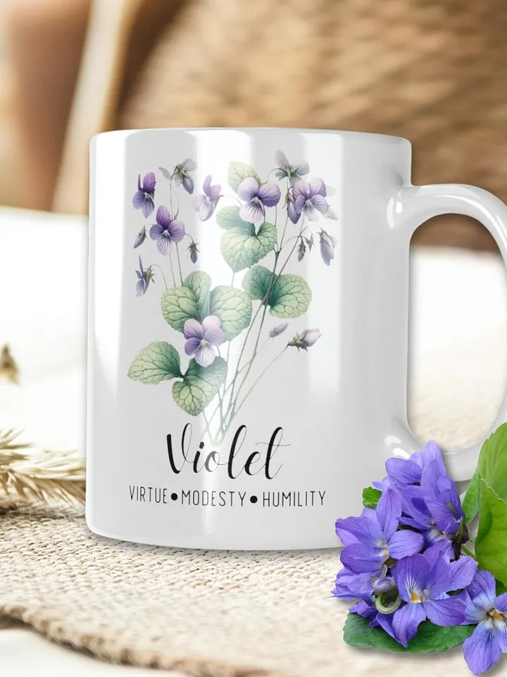 Violet Ceramic White Mug: Virtue, Modesty, Humility, February Birth Month Flower product image (1)