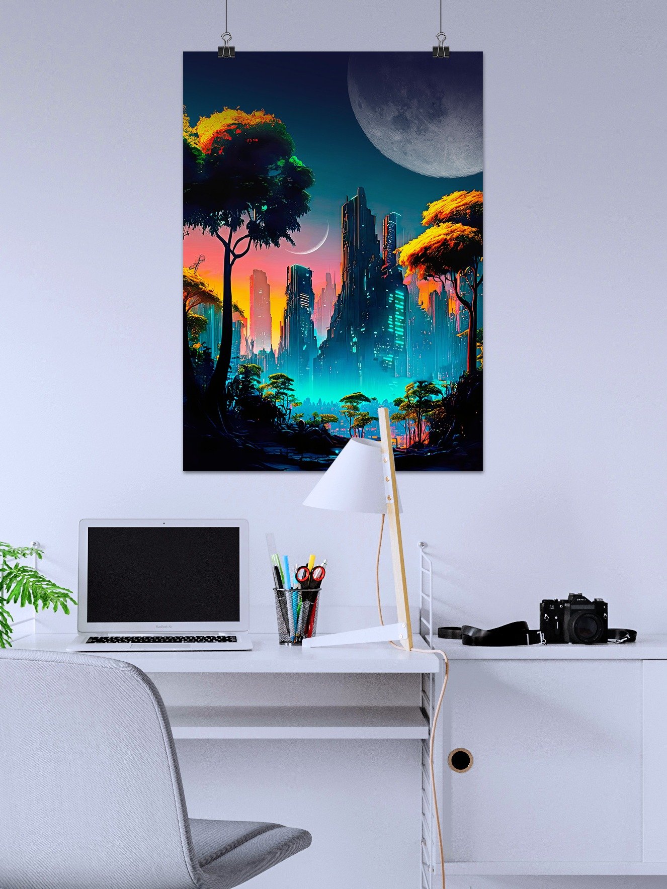 Neon cyberpunk city in a forest with Moons — surreal space collage art, futuristic sci-fi collage product image (2)