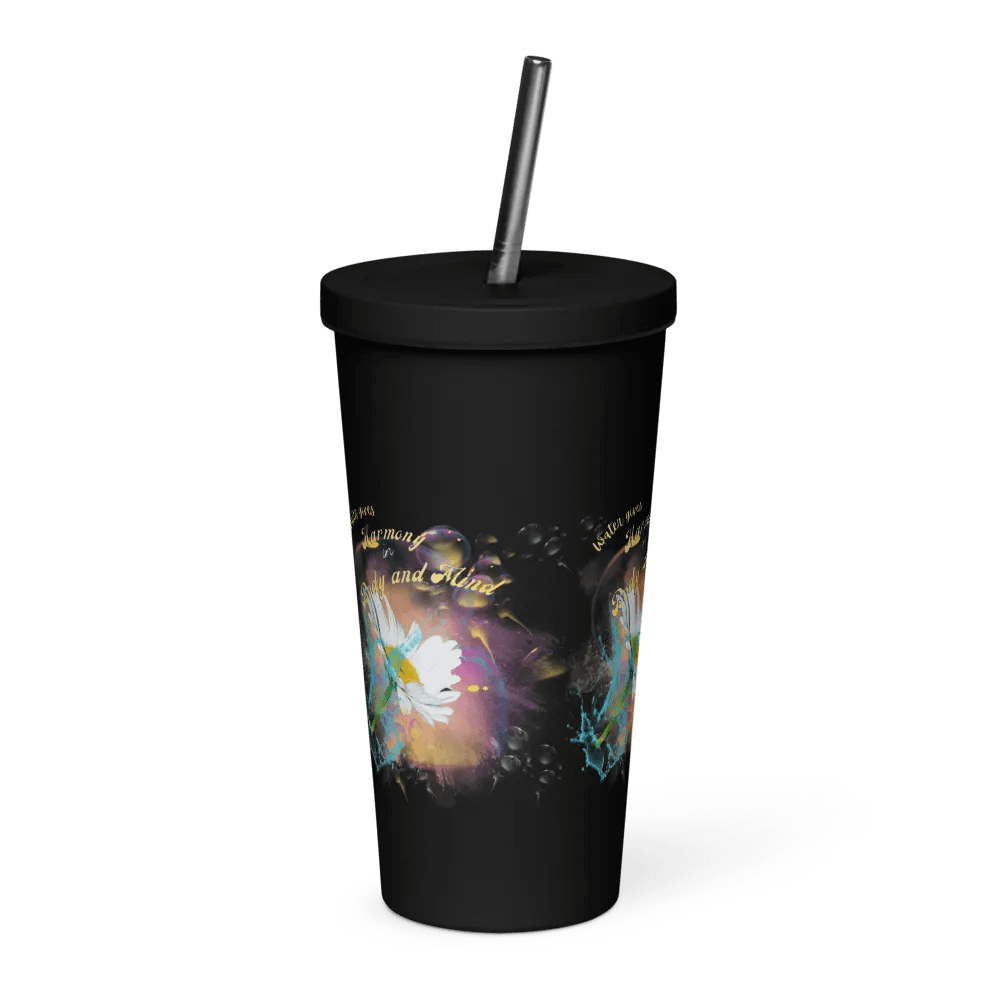 Insulated Tumbler with straw with beautiful swirly  water drop splash and drops design, featuring ‘This water gives Harmony in Body and Mind