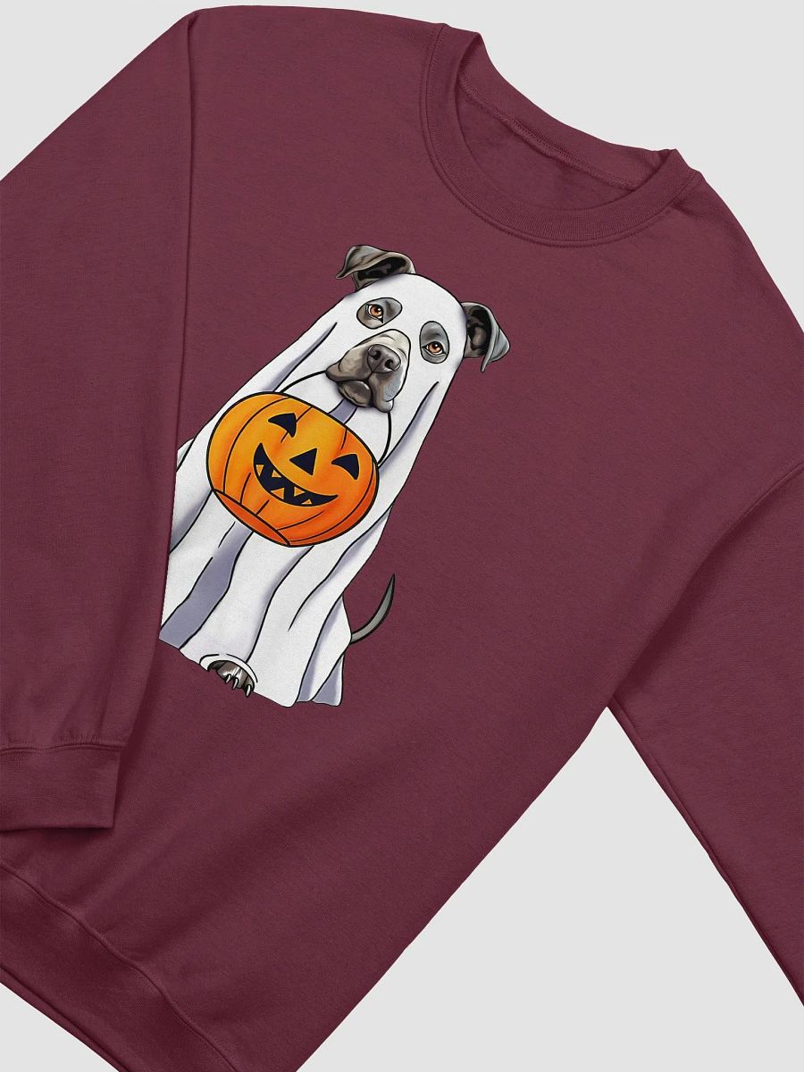 Pitbull(Blue/Gray) Halloween Sweatshirt | Funny Halloween Staffordshire Wearing a Ghost Costume with Pumpkin Basket product image (17)