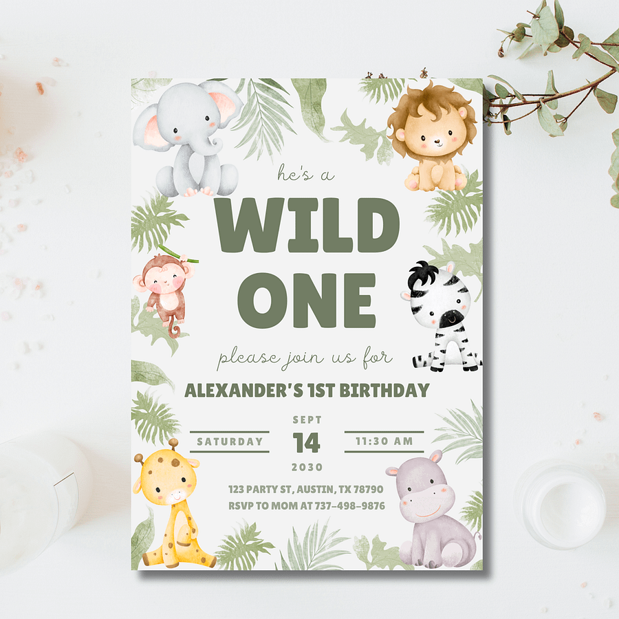 Wild One Birthday Invitation | Safari 1st Birthday Invite | Jungle Party | Animal Theme | Editable Canva Template product image (5)