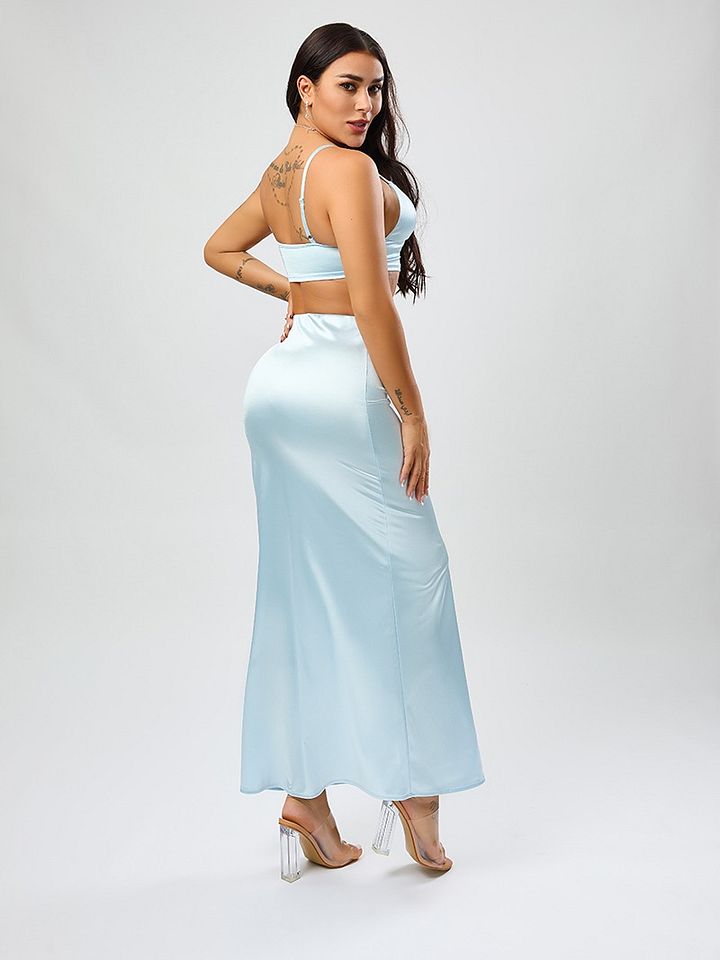 Wholesale high quality casual slight stretch solid color satin high waist maxi skirt product image (2)