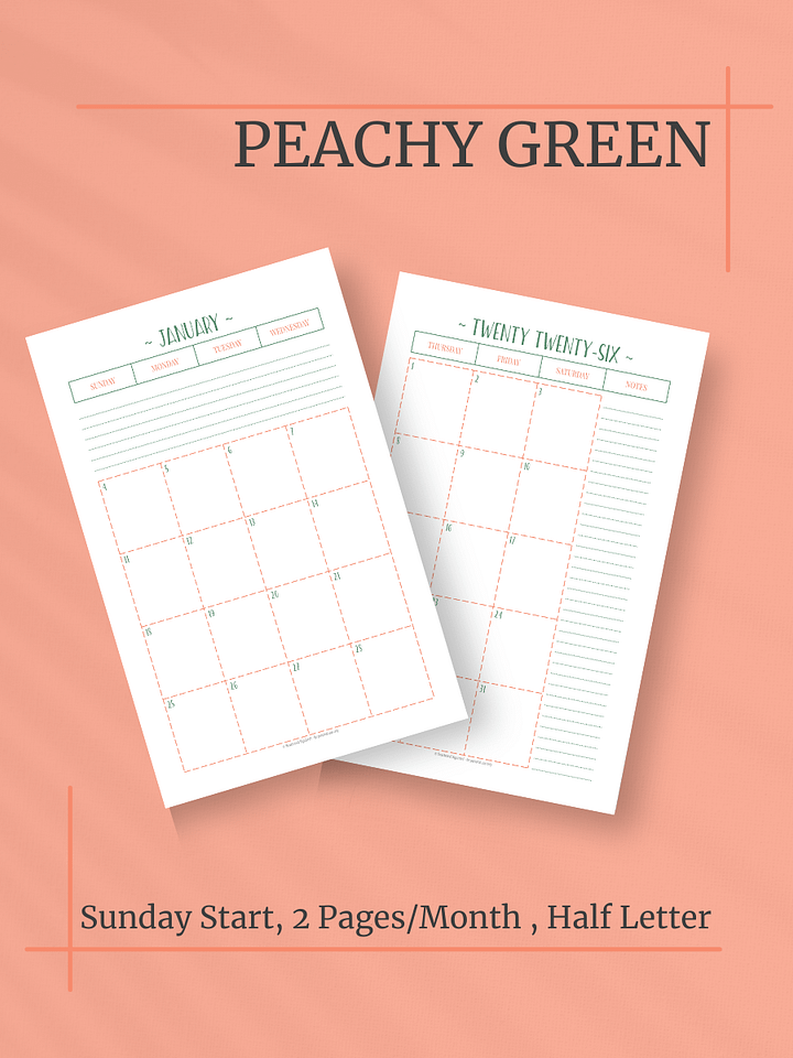 Peachy Green 2026 Calendar - 2 Pages per Month, Sunday Start, Half Letter Size product image (1)