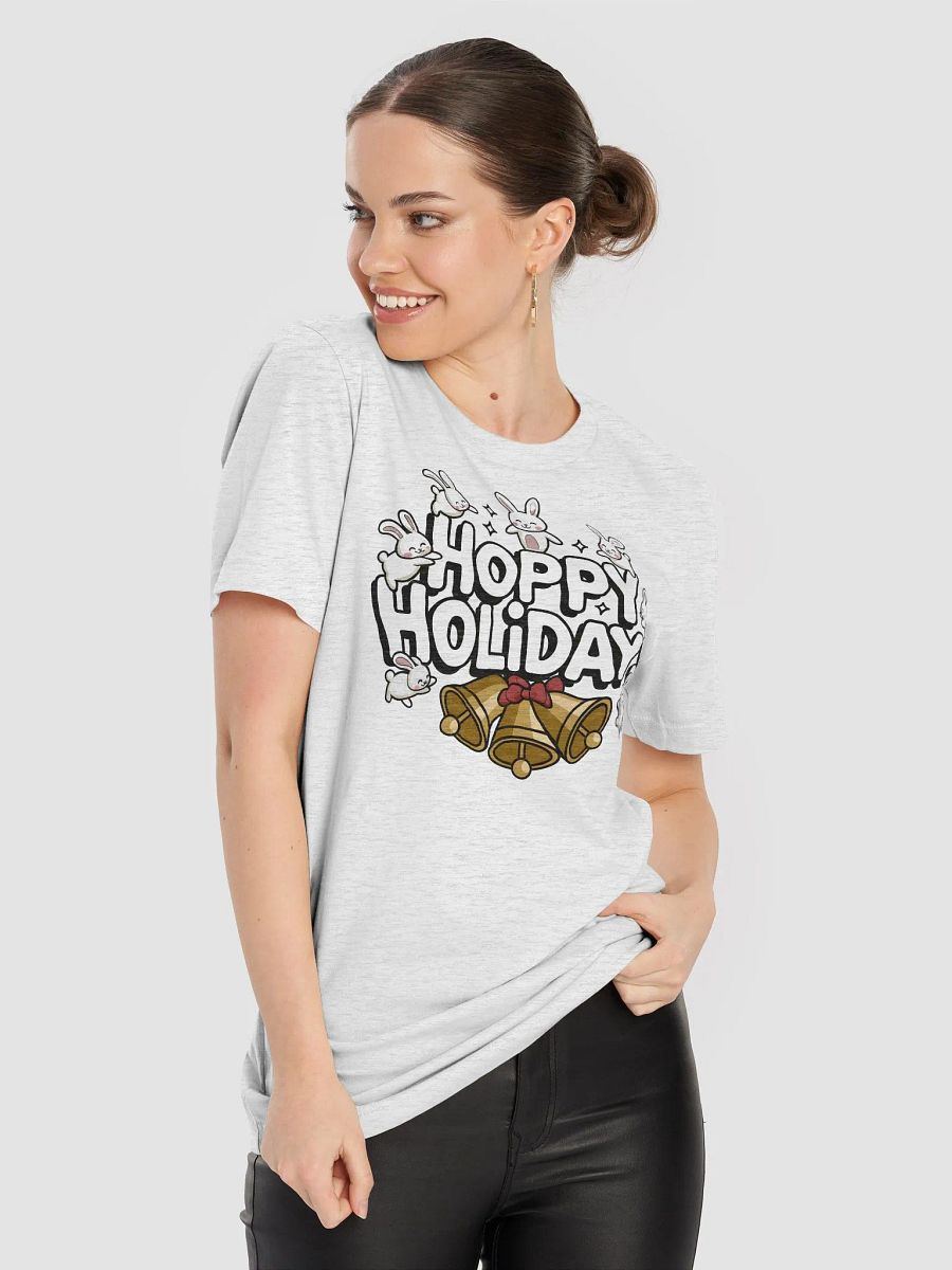 “HOPPY HOLIDAYS” t-shirt, Holiday-themed shirt, Playful rabbit design, Perfect for holiday celebrations, Fun gift idea for friends and family, Unique festive fashion, Light-hearted holiday, gift idea product image (8)