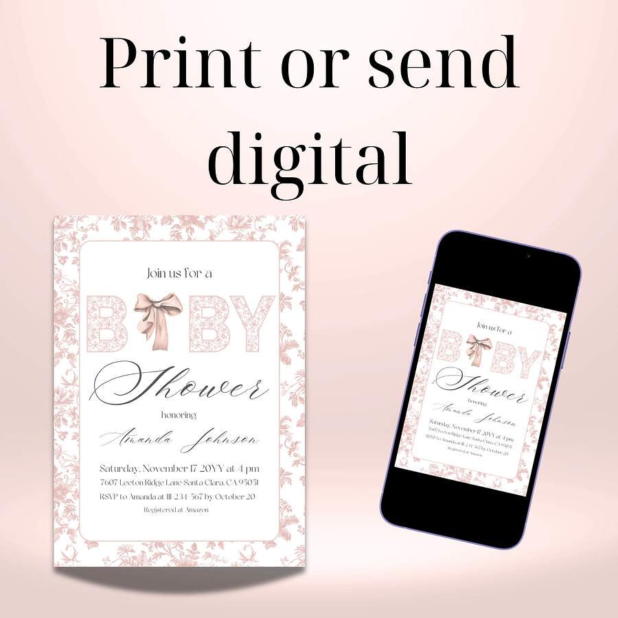 Pink Bow Toile de Jouy Baby Shower Invitation, Chinoiserie Floral Themed Girl Baby Shower Invite for Digital Download | Canva Template product image (9)