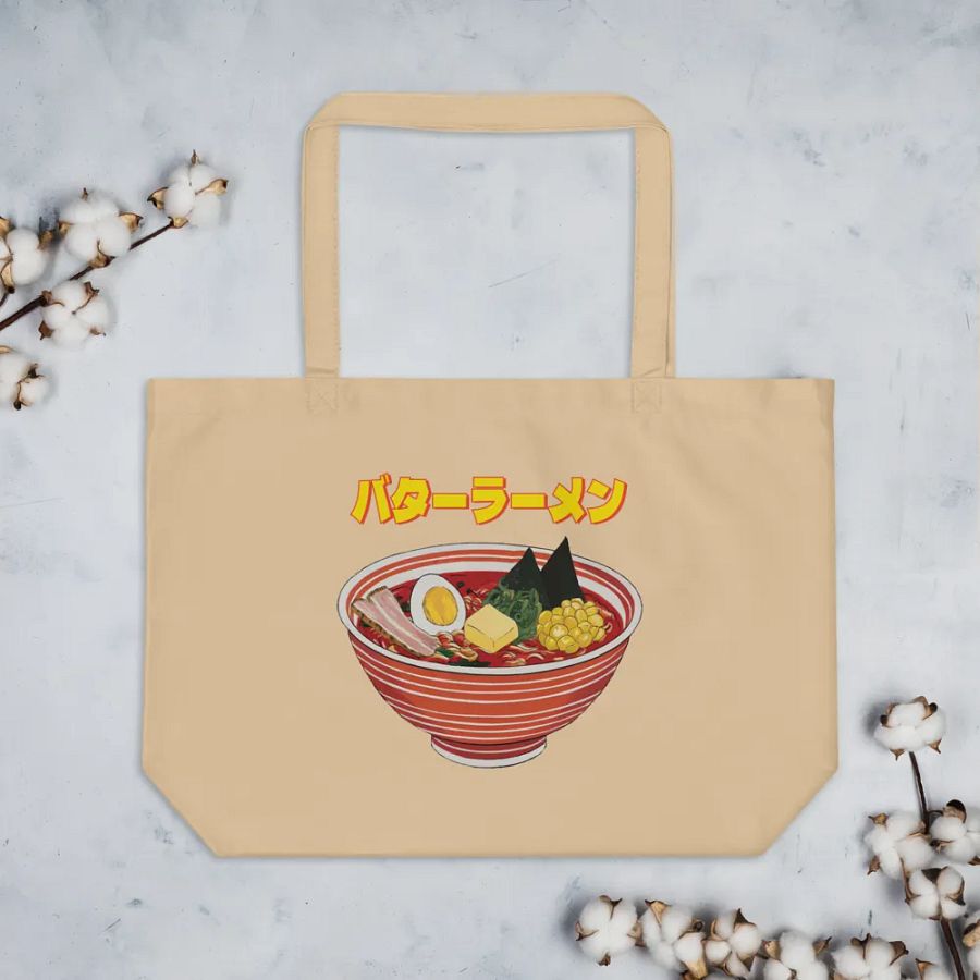 Butter Ramen Eating Cat Japanese Style ukiyo-e Organic Cotton Tote Bag product image (7)