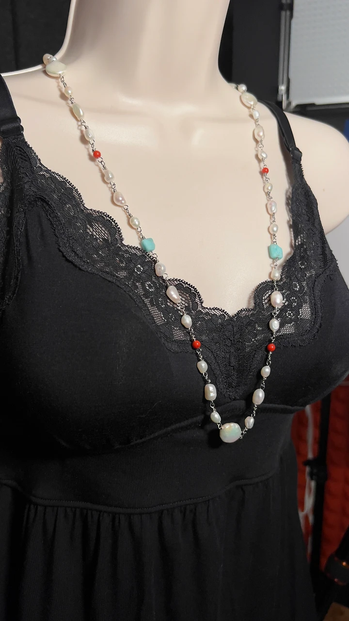 Necklace - 30 inch Bead Chain, Freshwater Pearls, Coral, and Amazonite - Hand-made by JB product image (2)