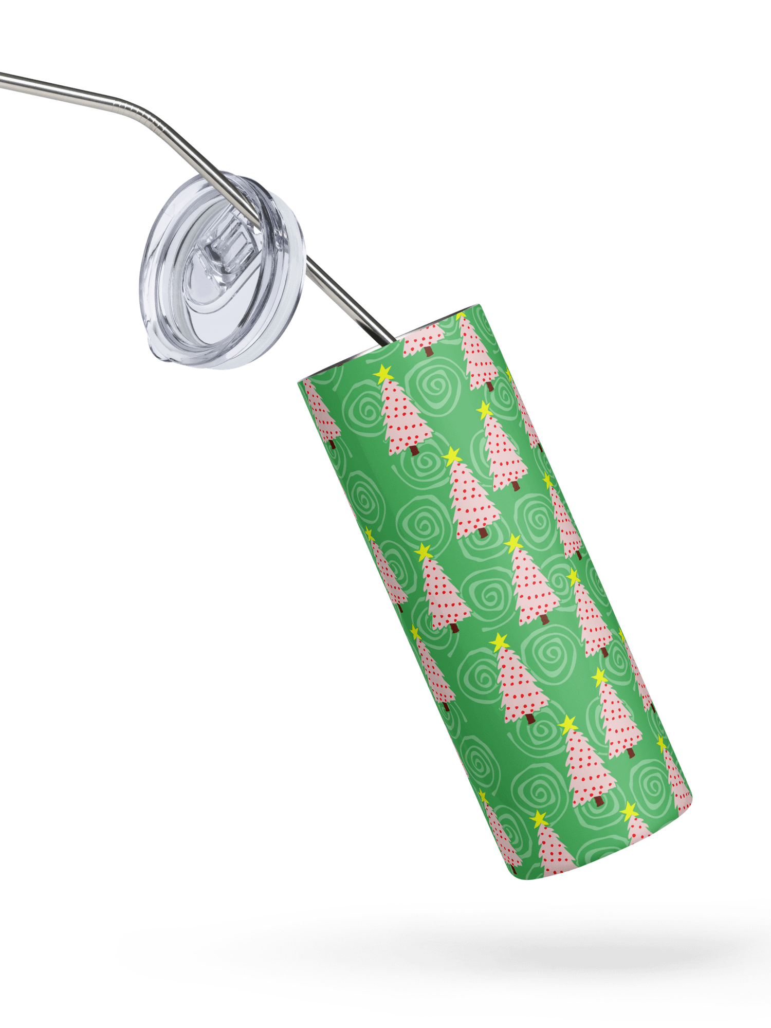 Pink Christmas Trees on Green Spirals Stainless Steel Tumbler with Straw product image (2)