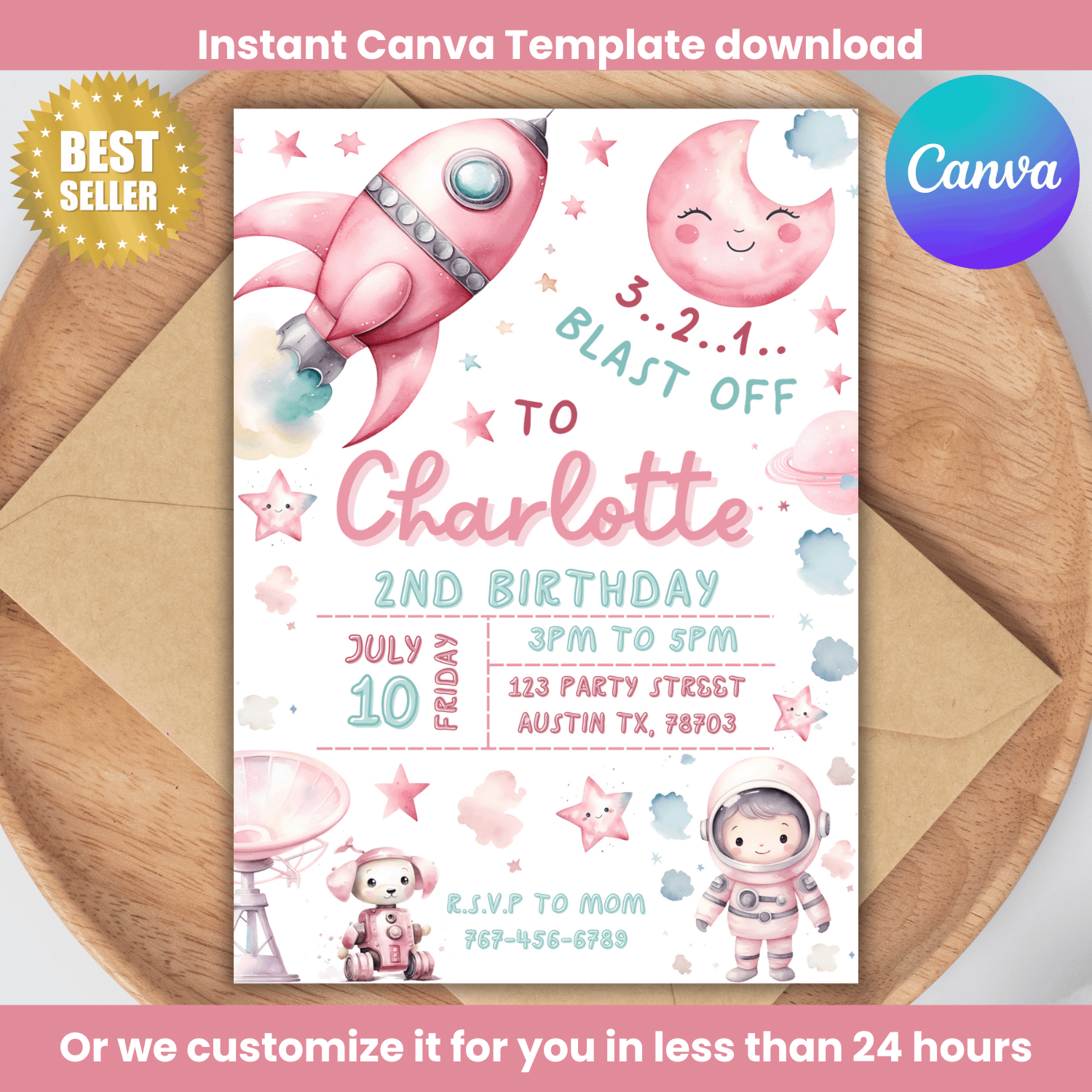 Digital Stellar Space Explorer Birthday Invitation- Canva - Astronaut Girl product image (1)