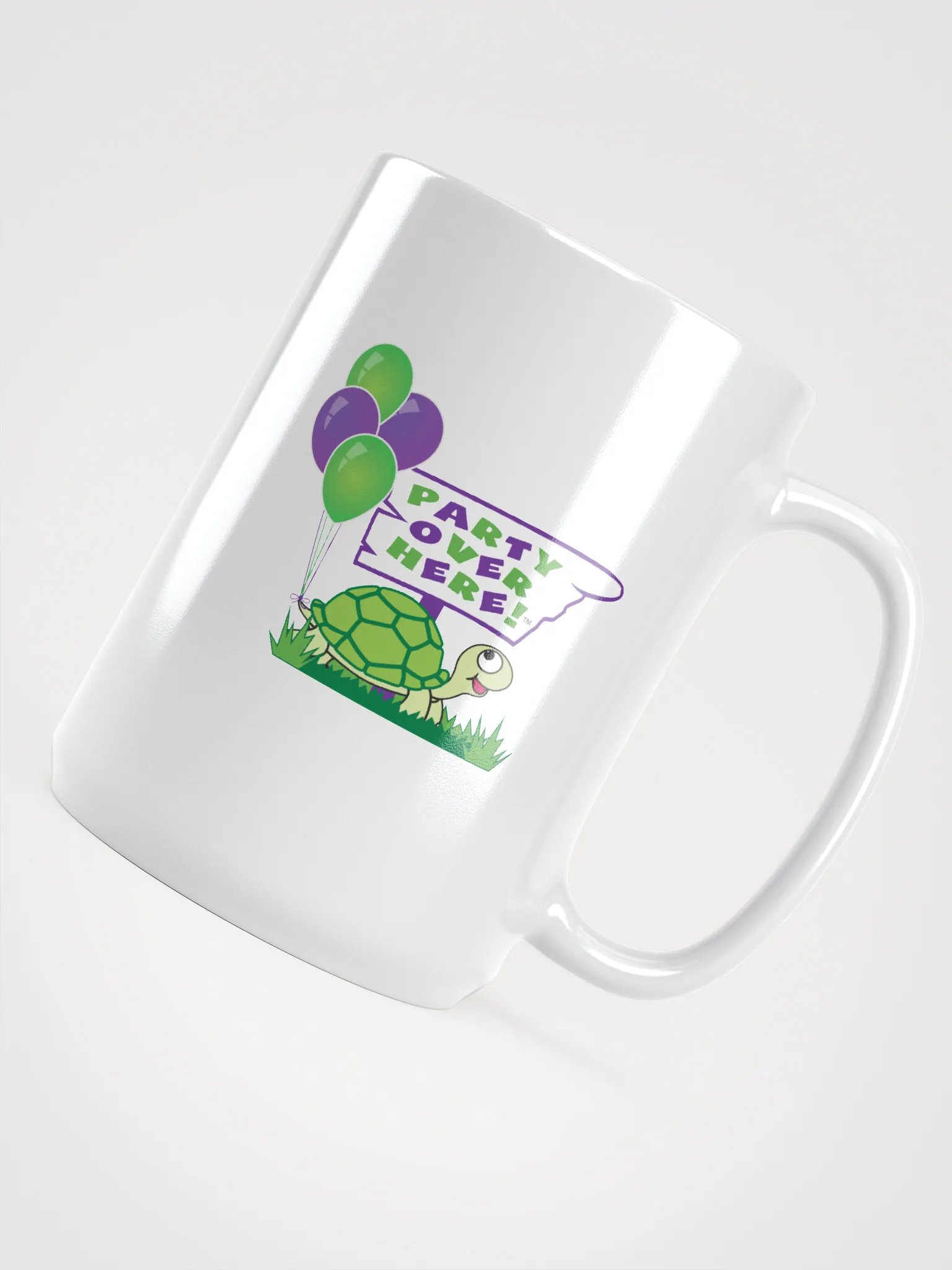 Party Over Here Supporter White Ceramic Mug, Turtle Mascot with balloons floating from tail product image (4)