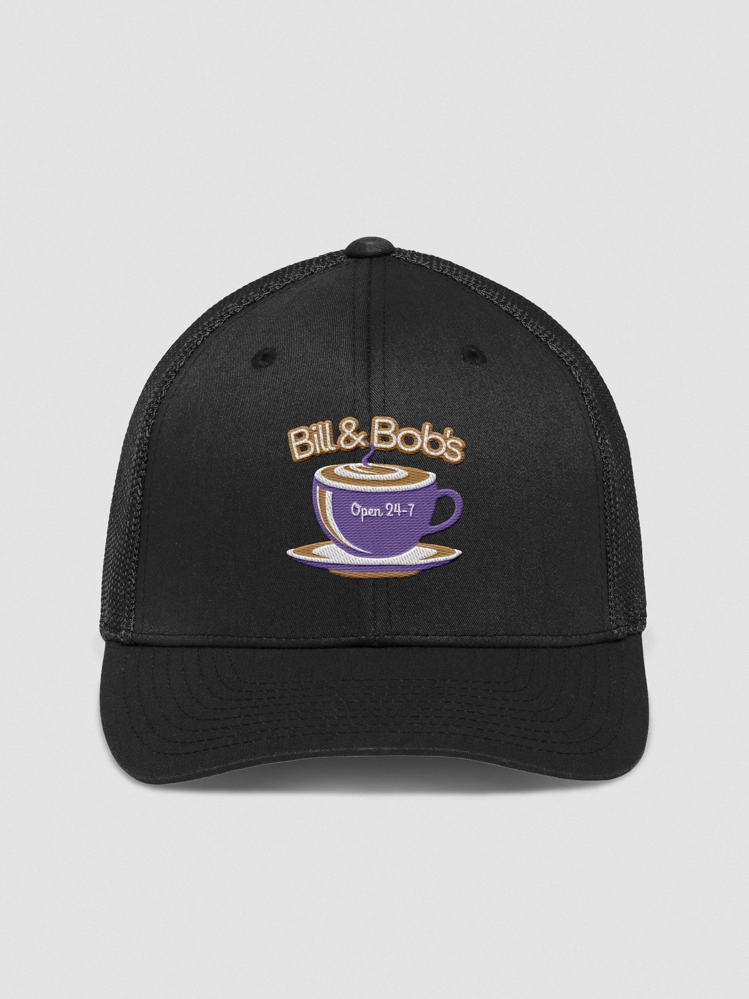 Bill & Bob's Coffee Shop Open 24/7 Trucker Hat, Purple Color Accent product image (1)