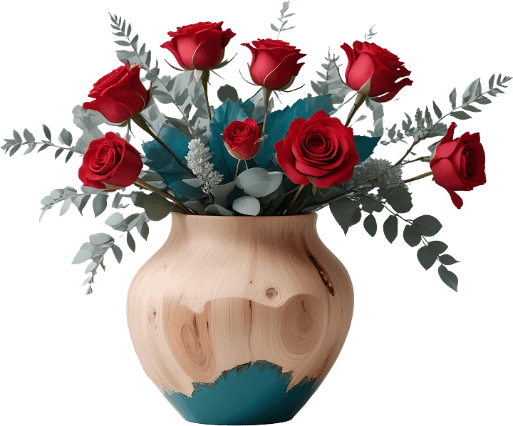 Rustic Teal and Wooden Vase with Red Roses PNG product image (1)