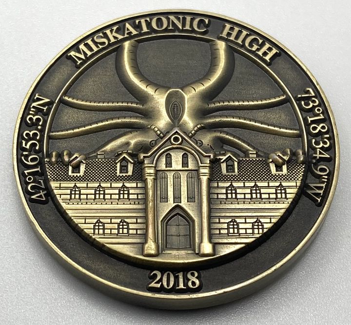 LOVECRAFT P.I. & MISKATONIC HIGH Official "Goat of a Thousand Young" *Antique Gold* Challenge Coin product image (2)