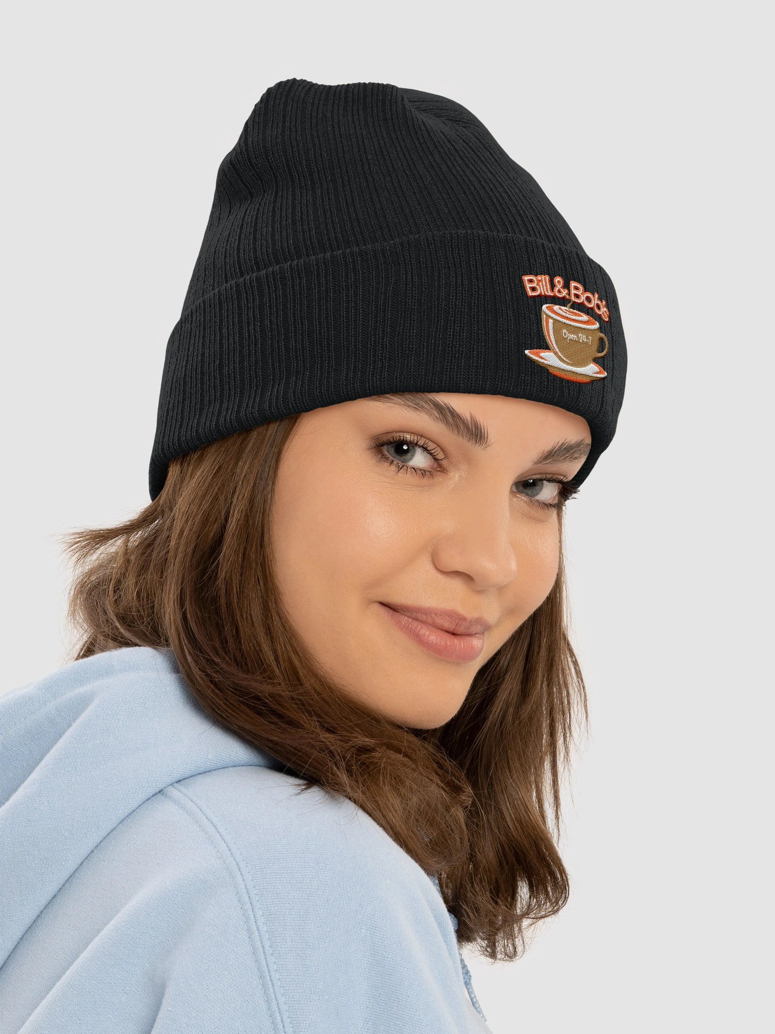 Bill and Bob's Coffee Shop Open 24/7 Beanie Hat Orange Design product image (5)