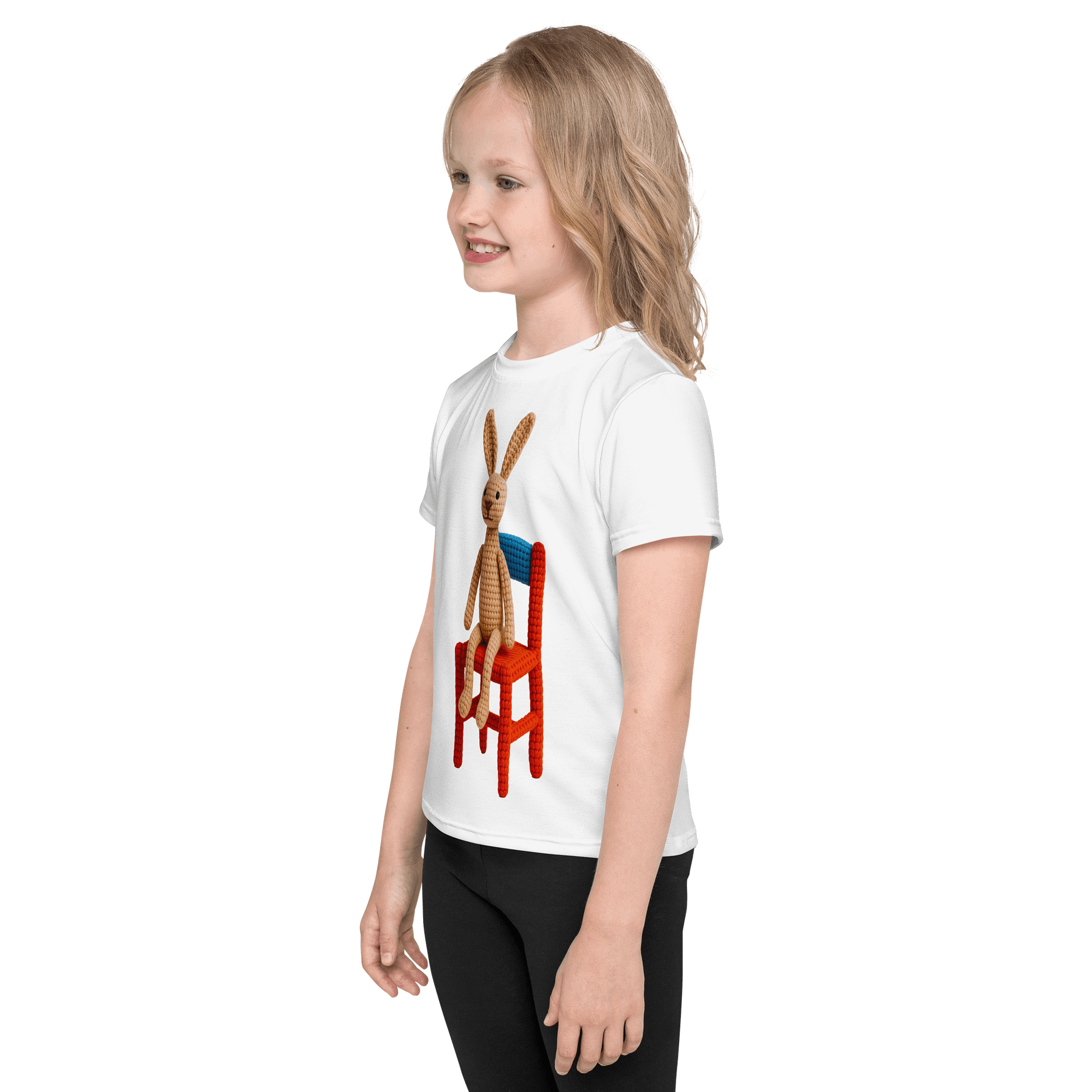 Hare on a Chair Kids Crew Neck T-Shirt: Whimsical Handcrafted Crochet Art product image (3)