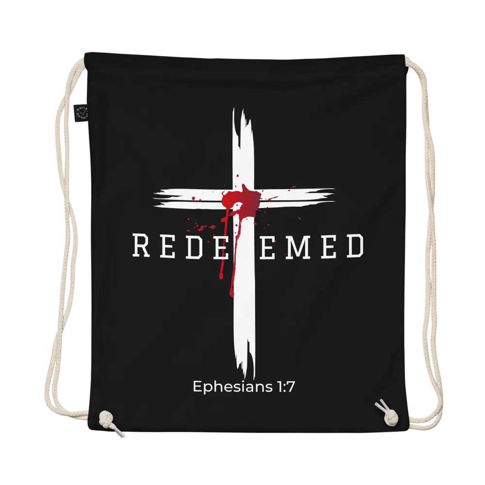 Redeemed by the blood of Jesus - Ephesians 1:7 Organic Cotton Drawstring Bag product image (1)
