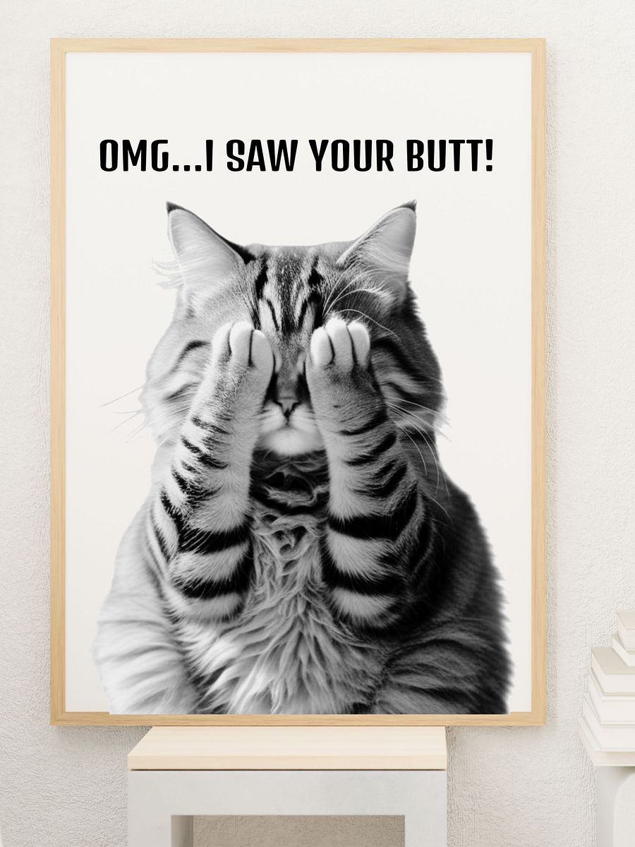 Black and White Cat Covering Eyes Bathroom Downloadable Wall Art product image (1)