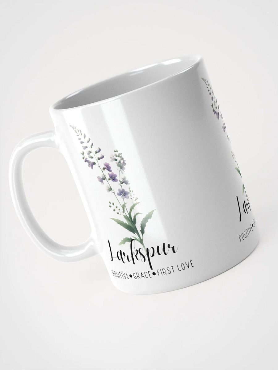 Larkspur Ceramic White Mug: Positive, Grace, First Love, July Birth Month Flower product image (5)