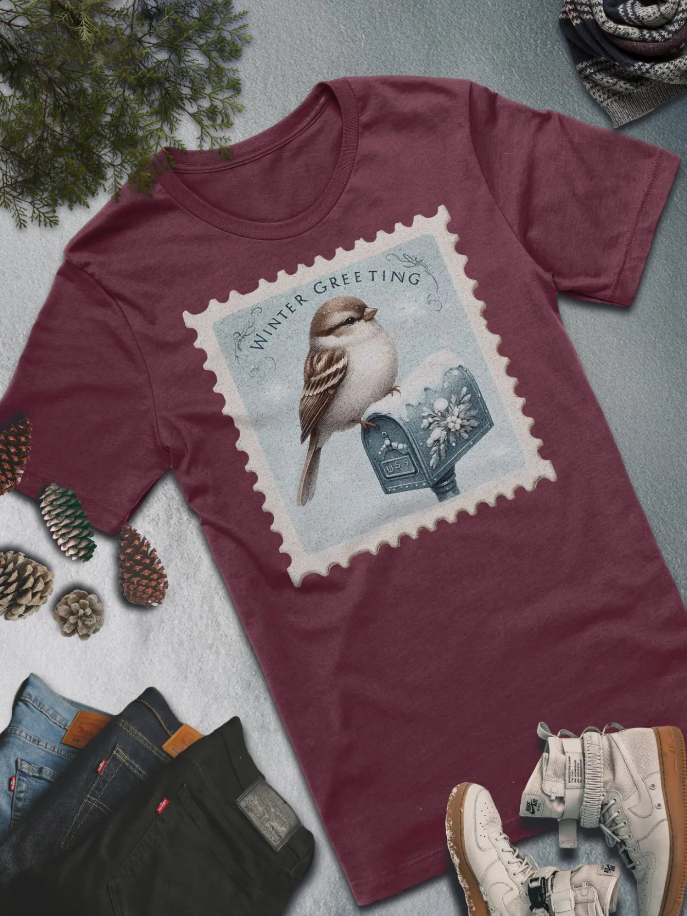 Winter Greeting Bird T-Shirt – Whimsical Winter Style product image (4)