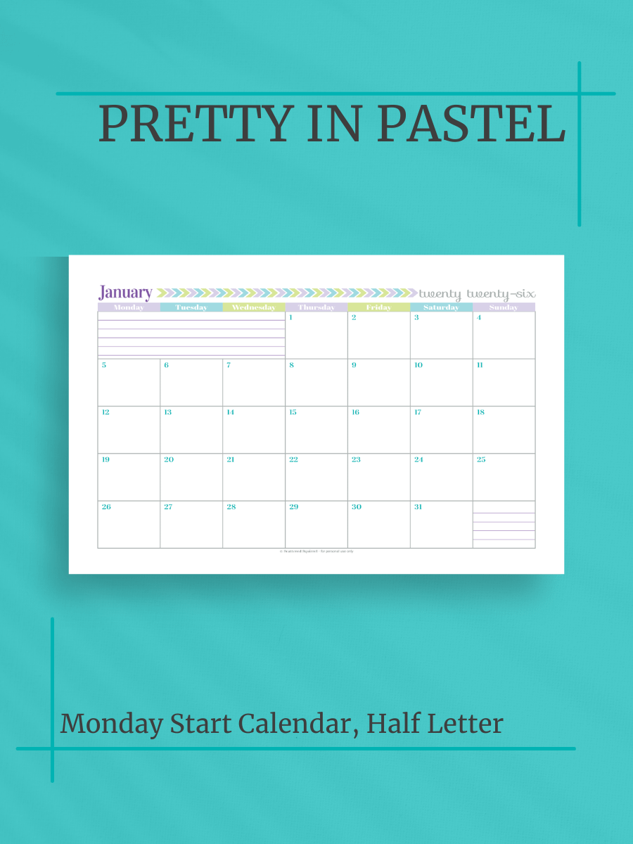Pretty in Pastel 2026 Calendar - Single Page per Month, Monday Start, Half Letter Size product image (1)