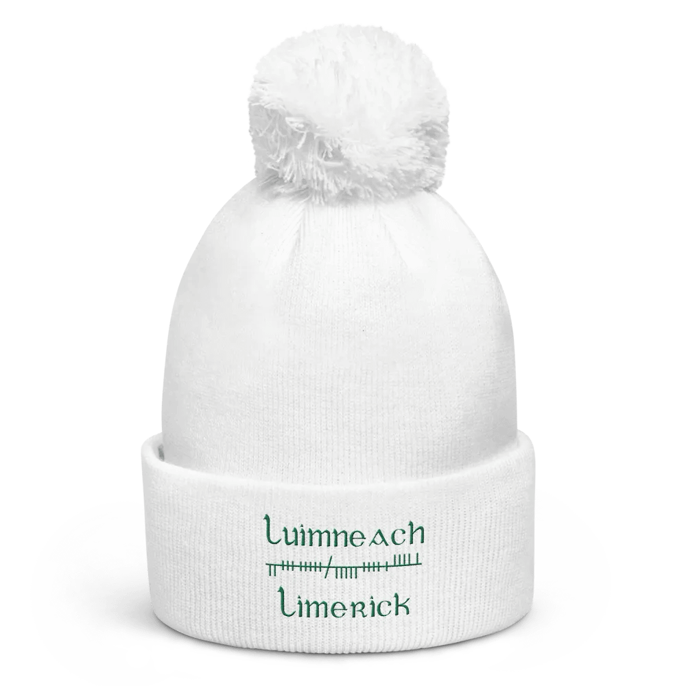Limerick/Luimneach Orthodox style Ogham, white with green embroidered Pom-Pom Beanie product image (1)
