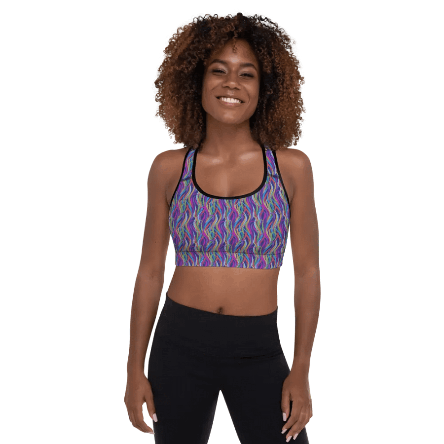 Padded sports bra inmodern design magenta and turquise on black design product image (9)