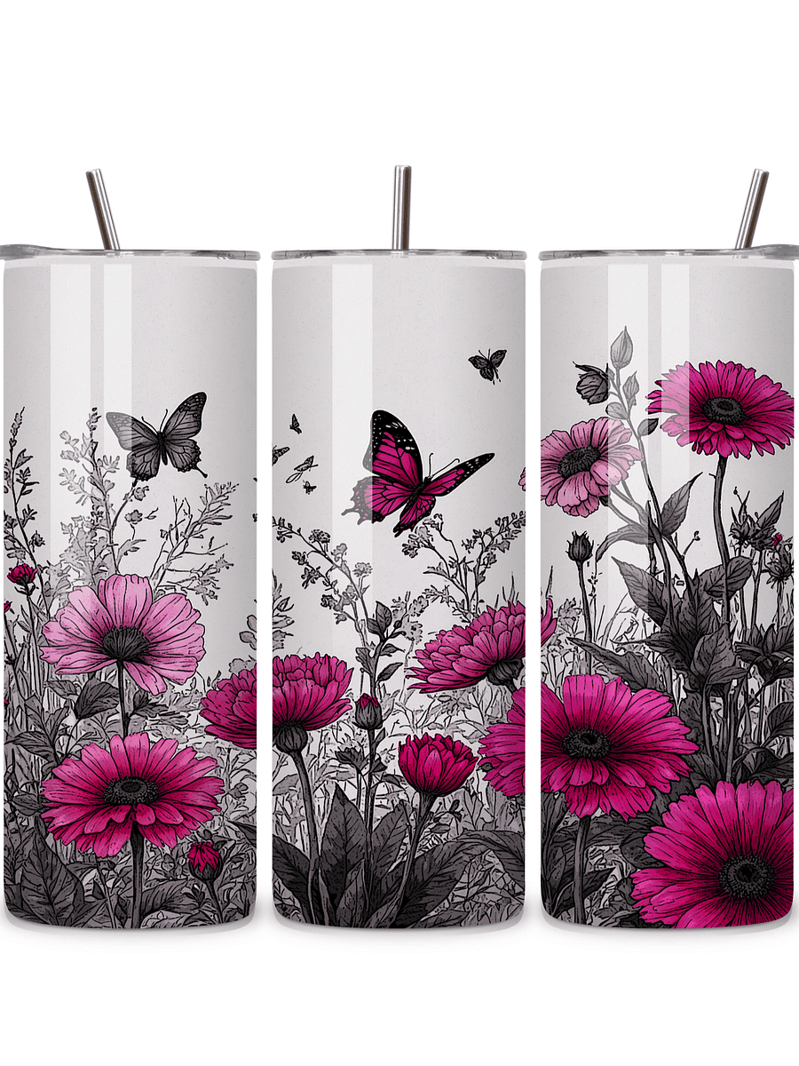 Butterfly & Floral 20oz Skinny Tumbler with Metal Straw – Pink and Black Garden Design with Flowers and Butterflies – Double-Walled Insulated Stainless Steel Tumbler, Gift for Nature Lovers product image (1)