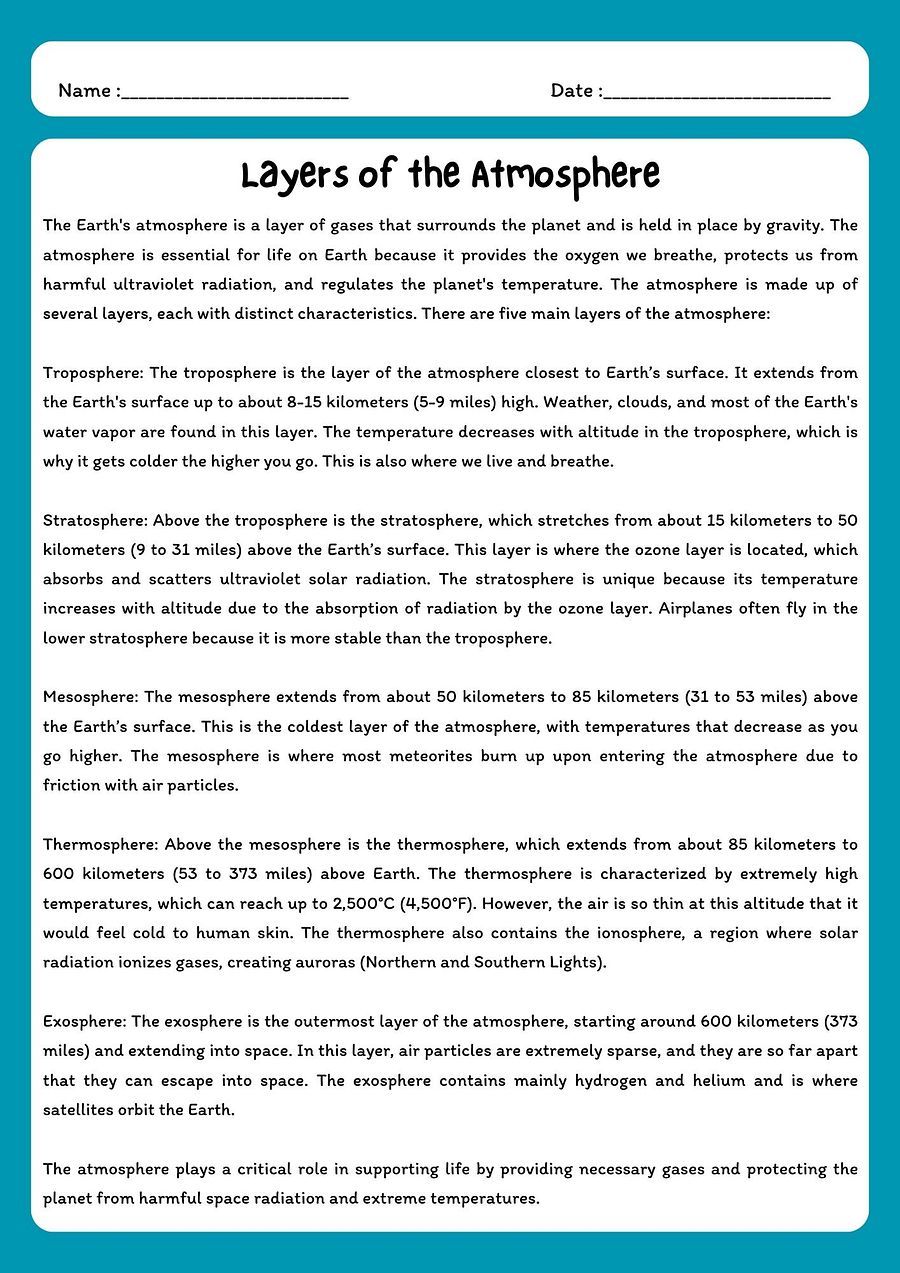 Layers of the Atmosphere Reading Passage with Comprehension Questions product image (1)