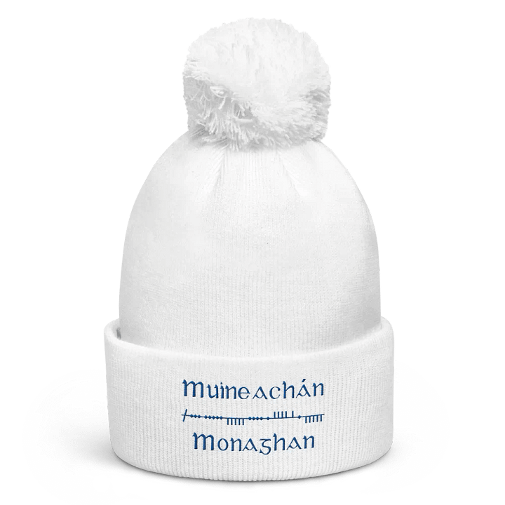Monaghan/Muineachán Scholastic style Ogham, white with blue, embroidered Pom-Pom Beanie product image (1)