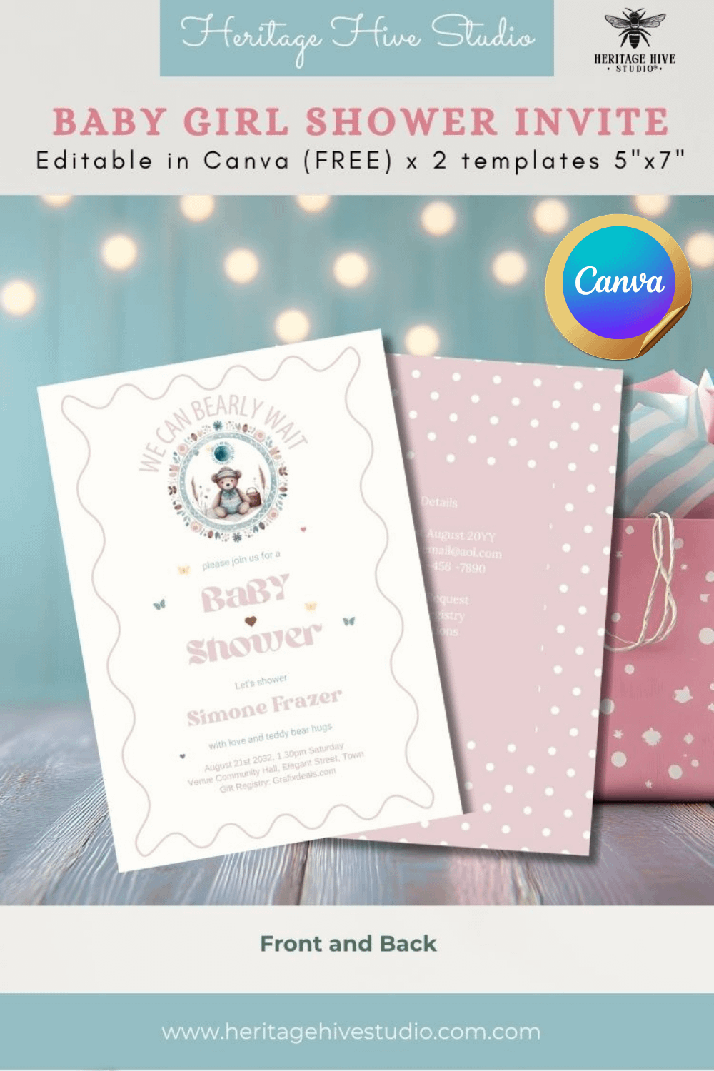 Editable Baby Shower Invitations | Edit in Canva | Instant Download Template | Teddy Bear Girls Pink product image (1)