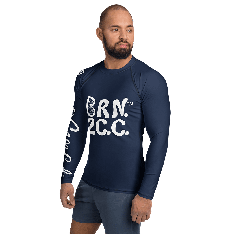 BRN.2C.C.™ /BOURNE to Cape Cod™ | Men’s Long Sleeve Rash Guard | UPF 50+ Active Coastal Shirt | White Logos on Navy Blue product image (3)