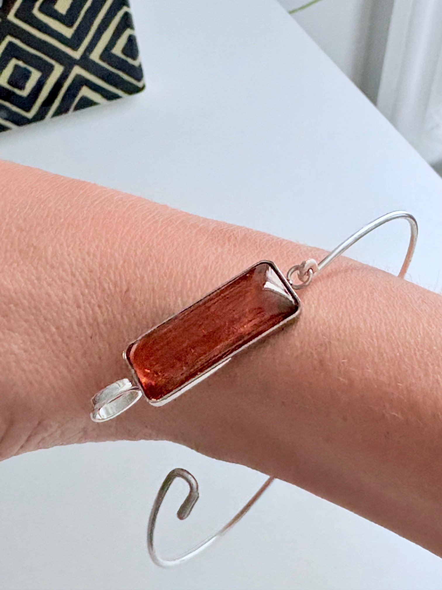 MFD-00176 |⚡ Electric Tide Bangle | 7.75" Silver-Plated Wire Bracelet with Tangerine Rectangle Charm | Handmade Coastal Charm Jewelry by Monique Faella Designs™ product image (3)