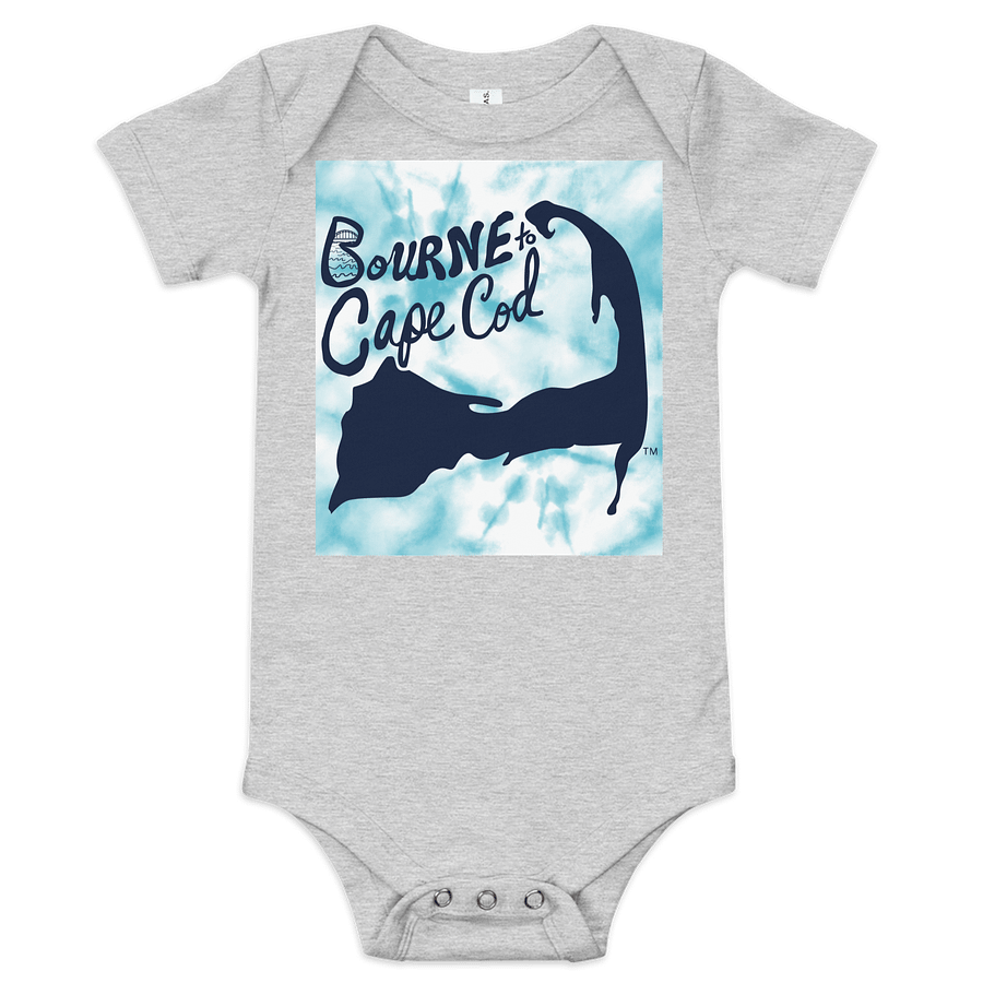 BOURNE to Cape Cod™ | Baby One-Piece with Snaps | BRN.2C.C.™ Logo Back | Ultra-Soft Cotton Bodysuit for Coastal Cuties | Navy Logos on Blue Tie-Dye Graphic product image (3)