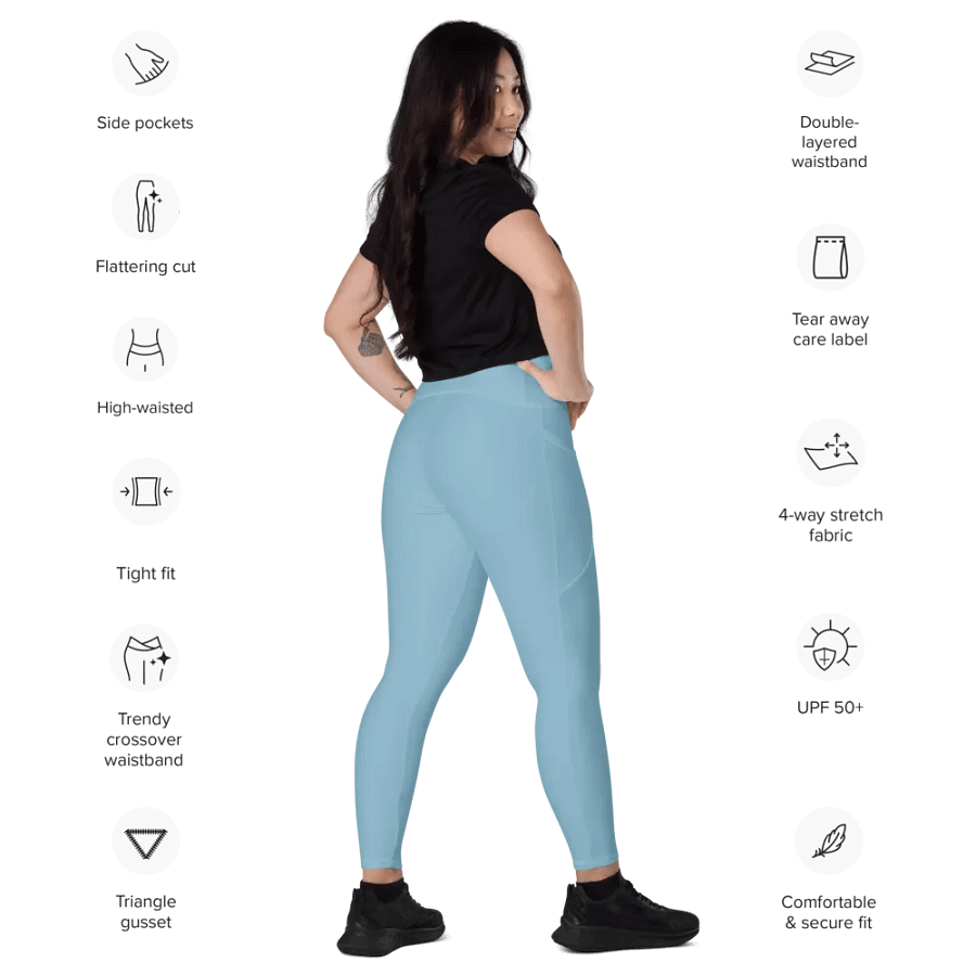 Plain Light Blue Soft Summer Women's High Waisted Premium Crossover Leggings with Pockets by Treasure Pie product image (10)