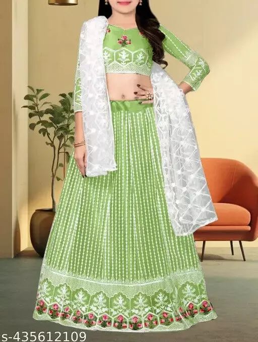 Indian Traditional Net Party Wear Semi Stitched Lehenga Choli For Girls - Green product image (2)