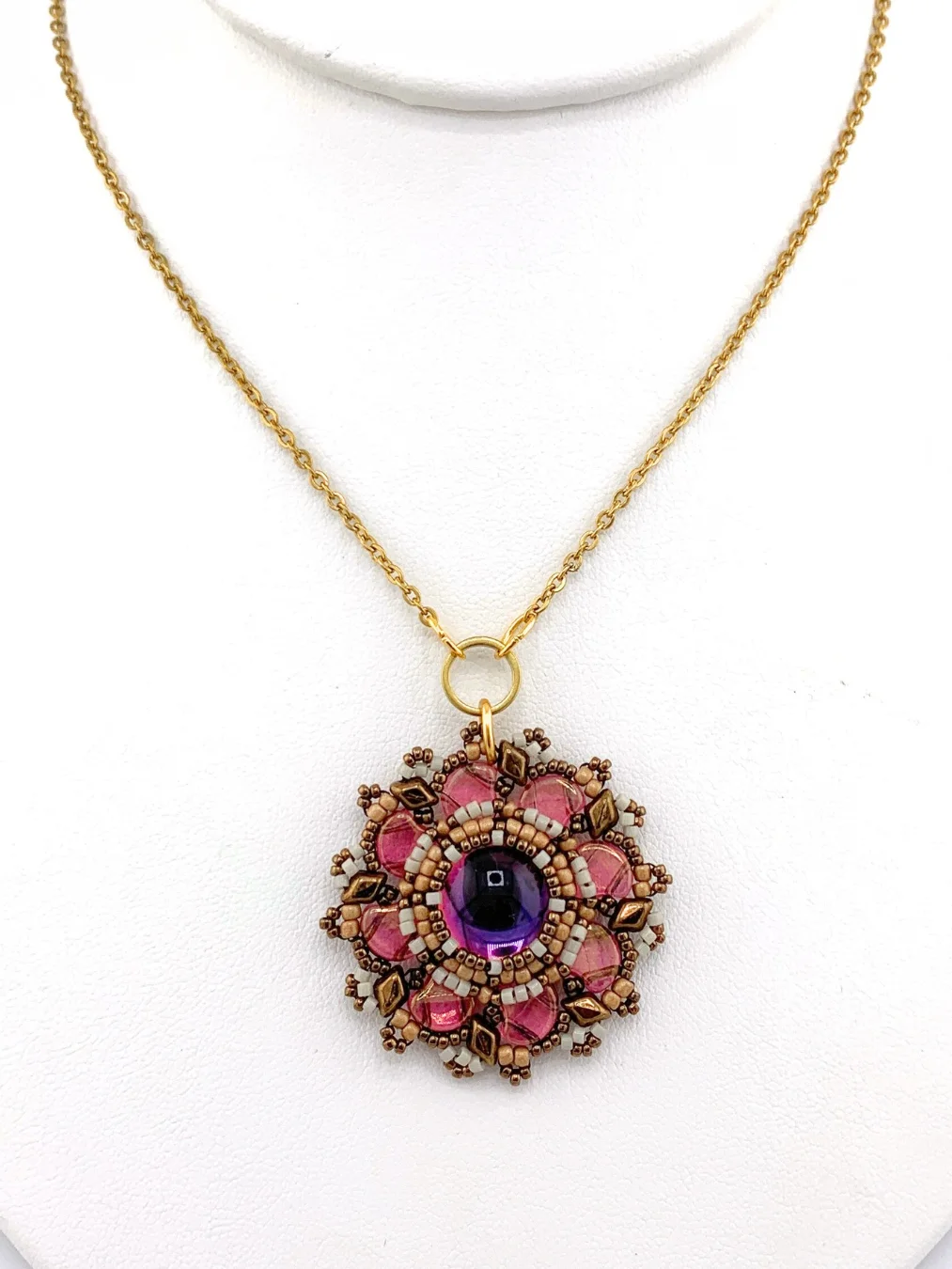 Bronze, pink, gold “cherry on top” Beaded Glass Pendant product image (2)