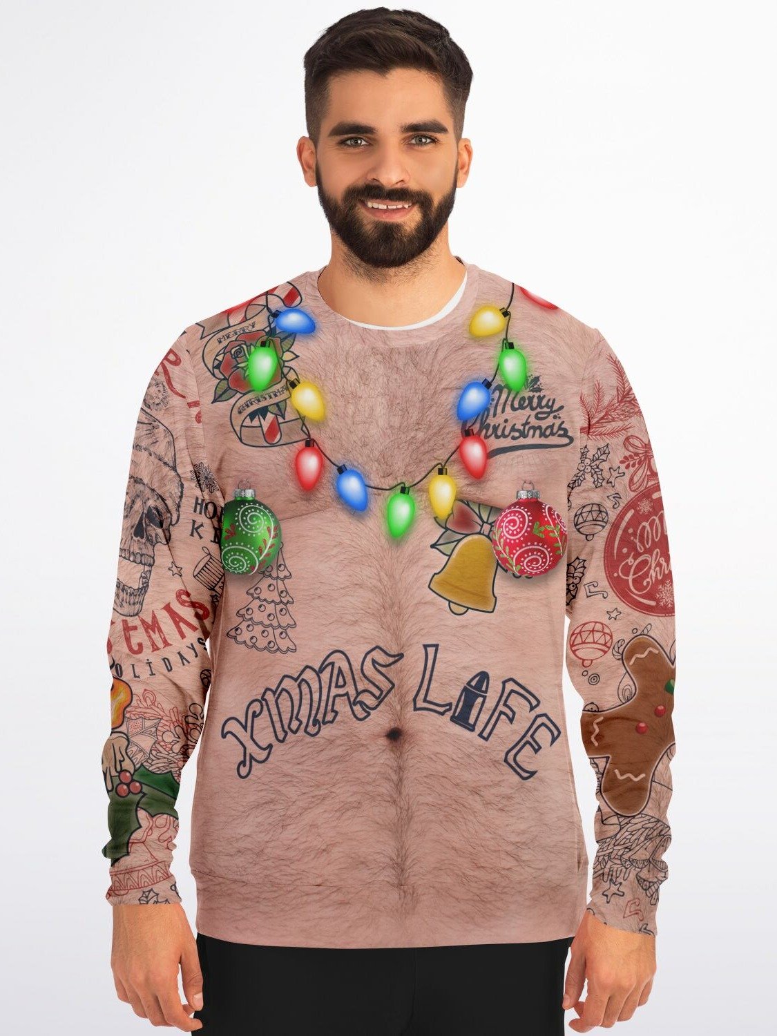 Xmas Life Tattoo Christmas Sweater - Hairy Chest Funny Holiday Sweatshirt - Alternative Santa Skull Design with LED String Lights (Unisex) product image (1)