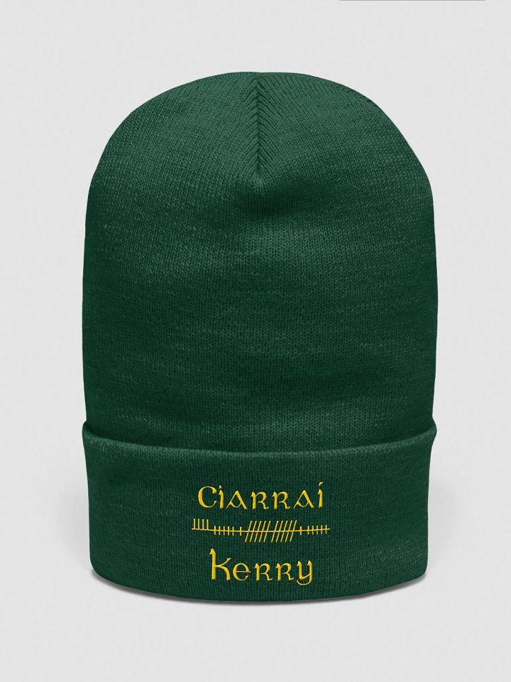 Kerry/Ciarraí Orthodox style Ogham, Green with gold, embroidered Cuffed Beanie product image (1)