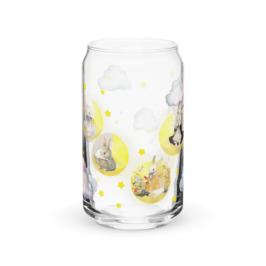 Bunny on the Moon Glass Sipper Can with Bamboo Lid & Straw – 16 oz | Whimsical Rabbit-Themed Can Glass | Cute Moon & Stars Design | Perfect for Iced Coffee, Smoothies, and More product image (1)