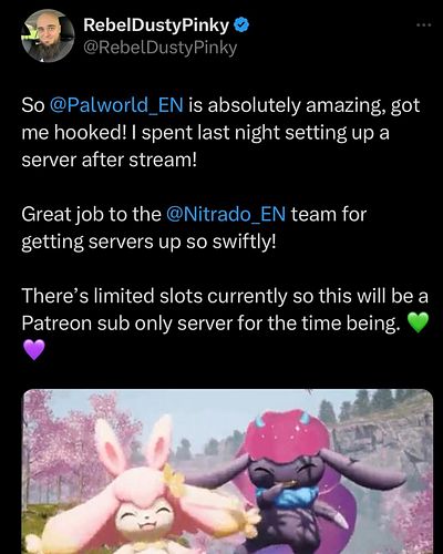 https://www.patreon.com/RebelDustyPinky

It will be a PVE and a lot of fun!

#Palworld #Nitrado #CommunityServer #Fun #Twitch...