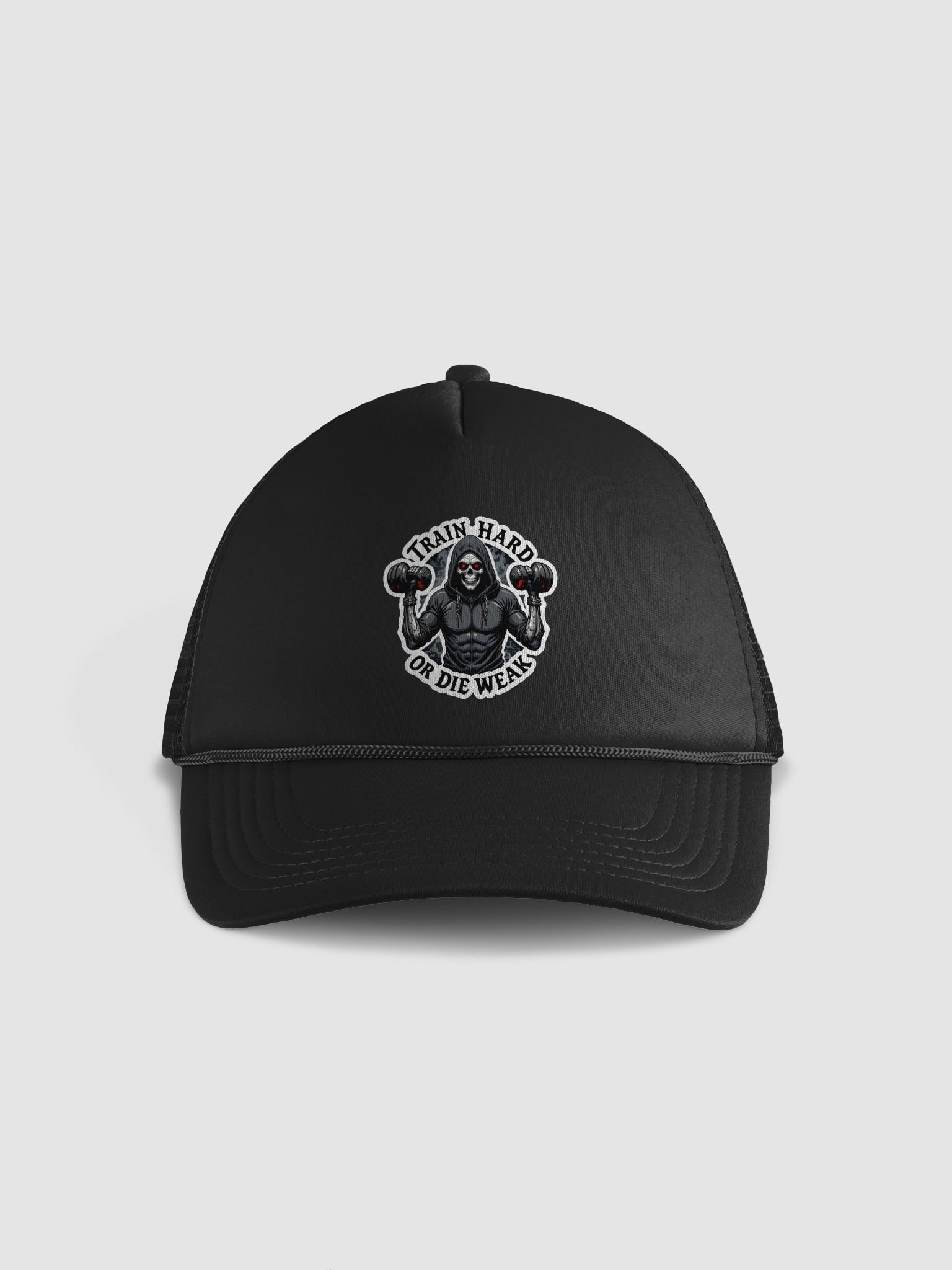 Glowing-Eyed Skeleton Dumbbell Trucker Hat product image (1)