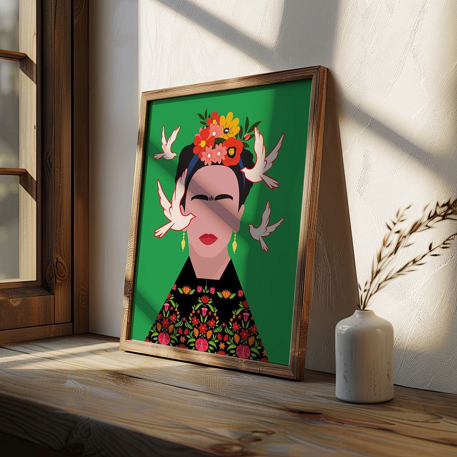 Frida Kahlo with Birds Folk Art Illustration Colorful Poster product image (3)