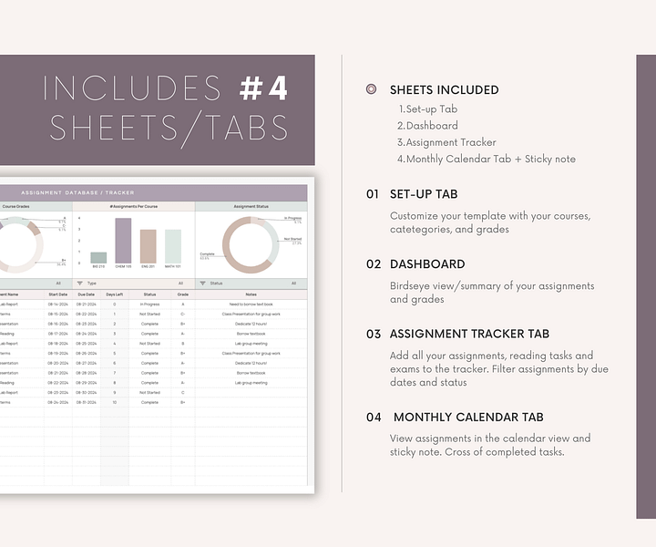 Assignment Tracker Spreadsheet, Google Sheets Template, Exam Grade Task Tracker, College & University Student Planner product image (2)