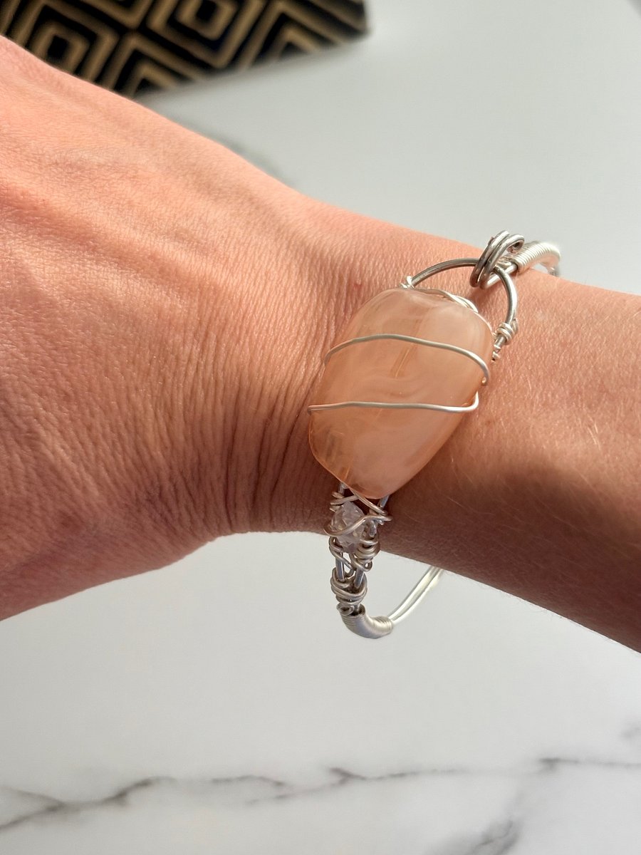 🌸 Blush Tide Wire-Wrapped Bracelet | Handmade 8" Diameter | Rose Quartz-Inspired | Coastal Charm by Monique Faella Designs™ | MFD-00184 product image (6)