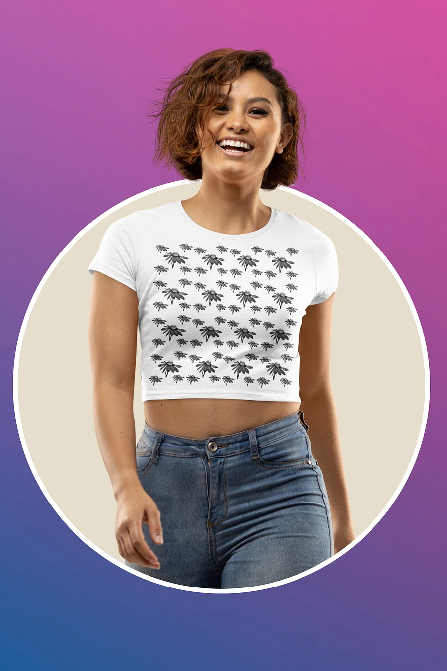 Abstract Dark Monochrome Cone Flower Repeating Pattern Women's Cropped T Shirt product image (1)